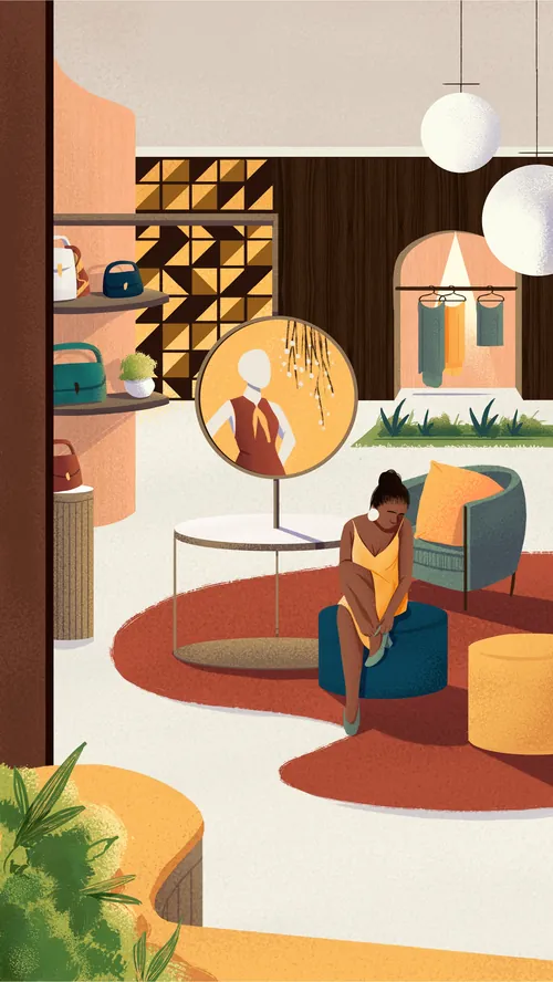 Illustration of a modern cozy living room with two people and warm decor by Andressa Meissner