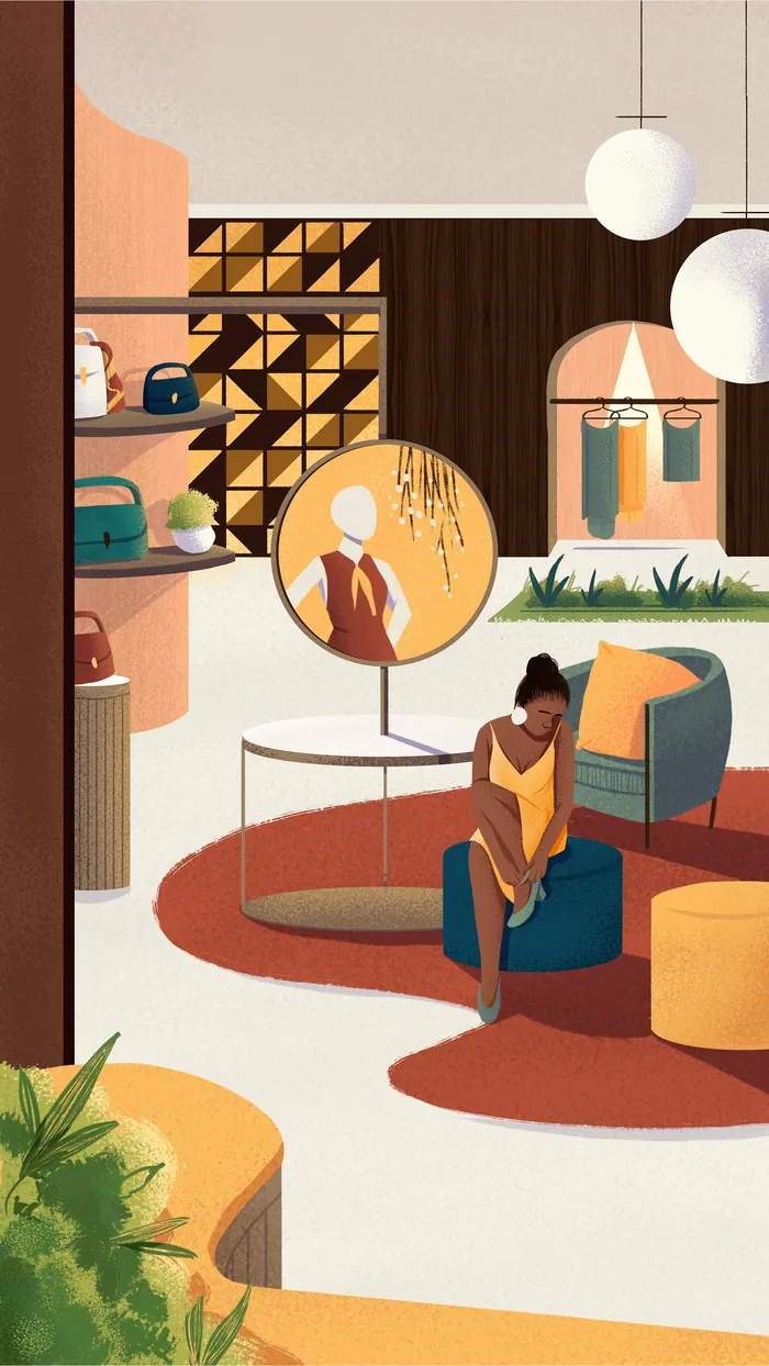 Illustration of a modern cozy living room with two people and warm decor by Andressa Meissner