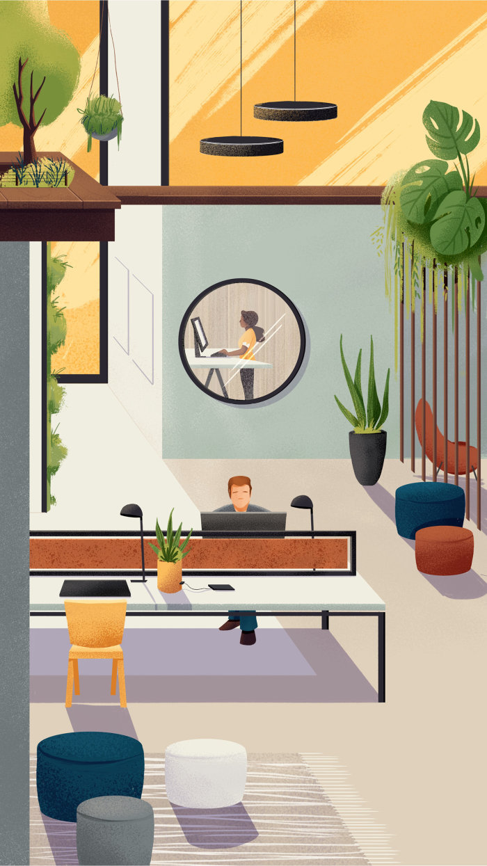 Belo design de interiores de espaço de trabalho para campanha Espaços do Futuro