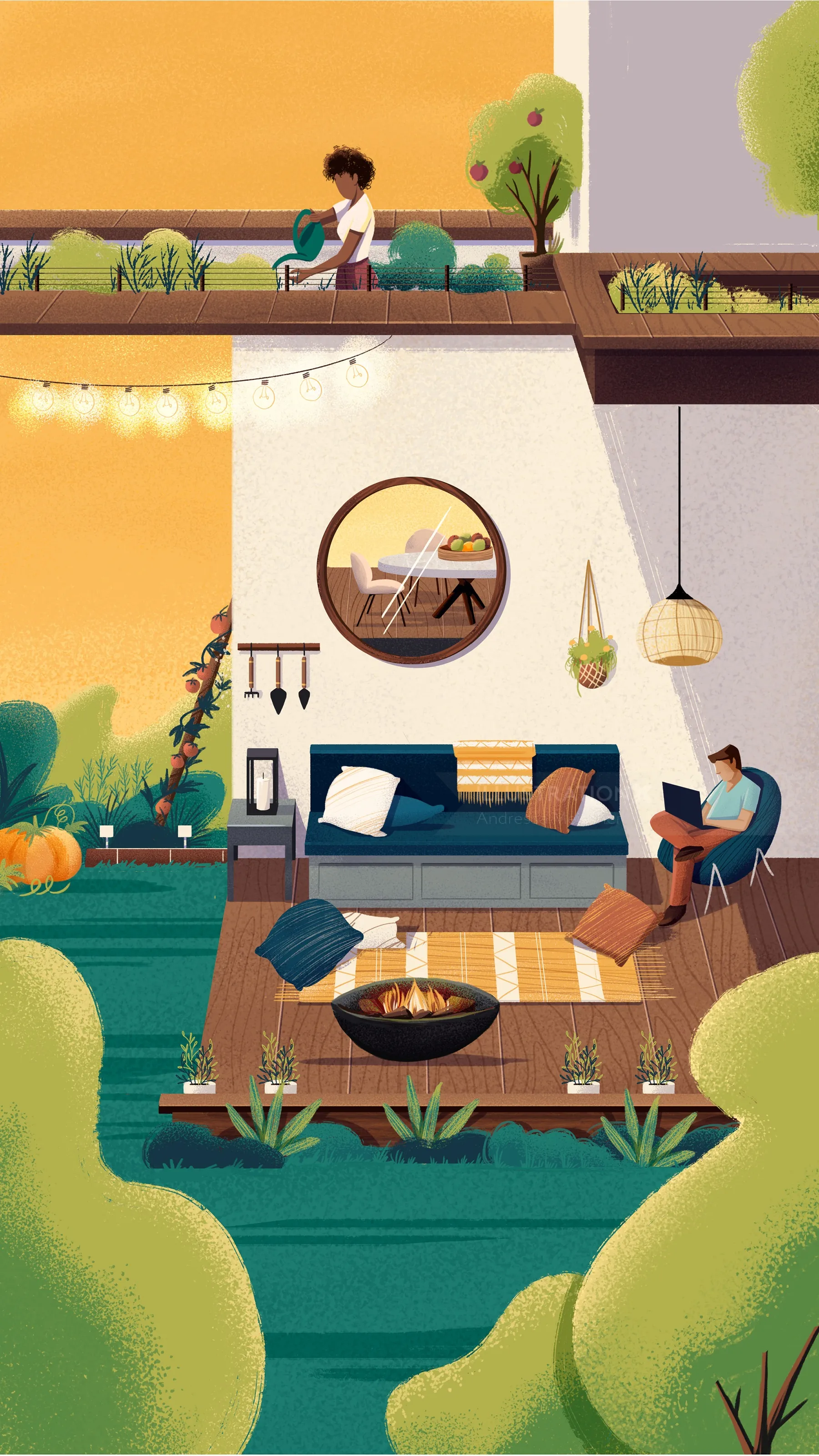 Illustration of multi-level outdoor living spaces with people and plants by Andressa Meissner