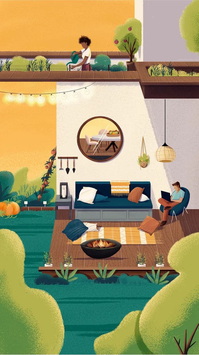 Illustration of multi-level outdoor living spaces with people and plants by Andressa Meissner