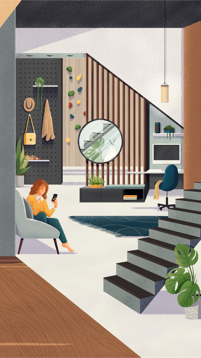 modern living room illustration for Espaços do Futuro campaign