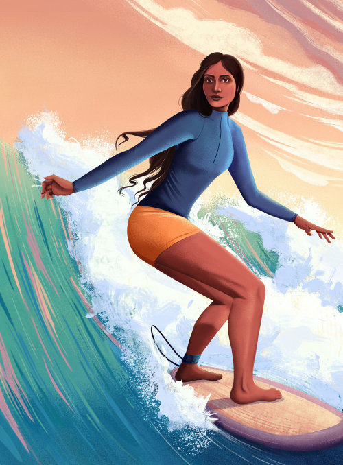 Painting of a surfing woman