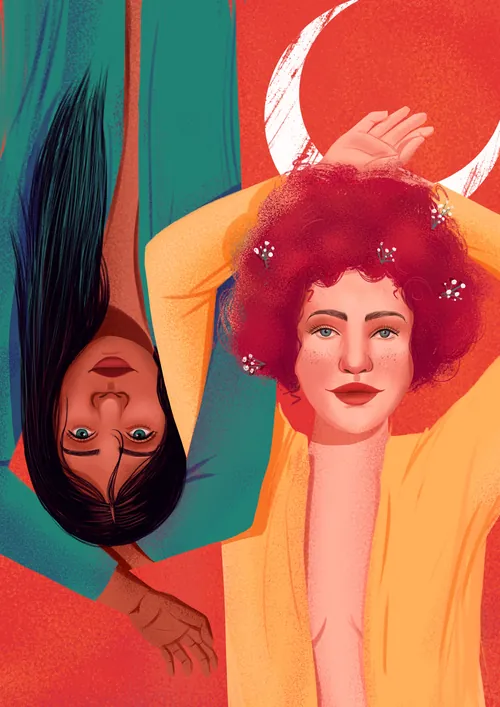 Illustration of two women with distinct hairstyles under a red crescent by Andressa Meissner
