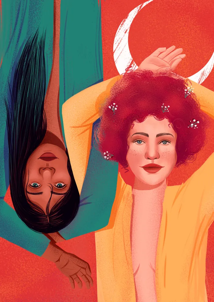 Illustration of two women with distinct hairstyles under a red crescent by Andressa Meissner