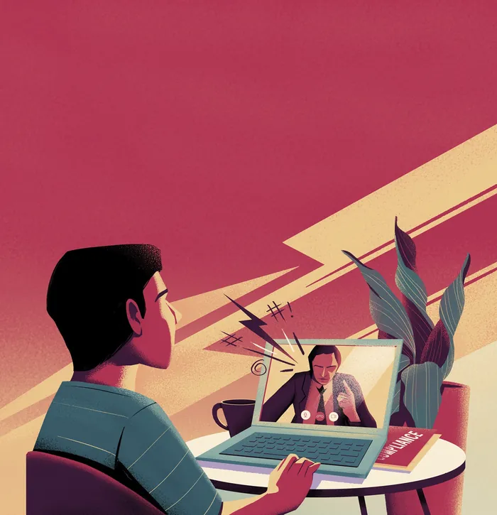 Man looking at stressed person on laptop screen with lightning and plants, by Andressa Meissner
