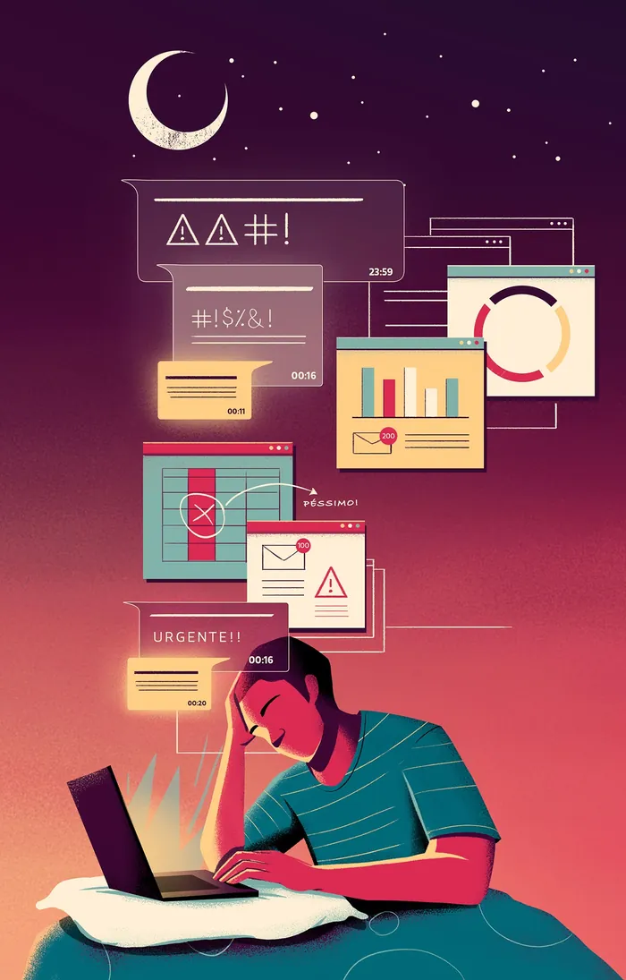 Stressed man overwhelmed by notifications and charts at his laptop, digital art by Andressa Meissner