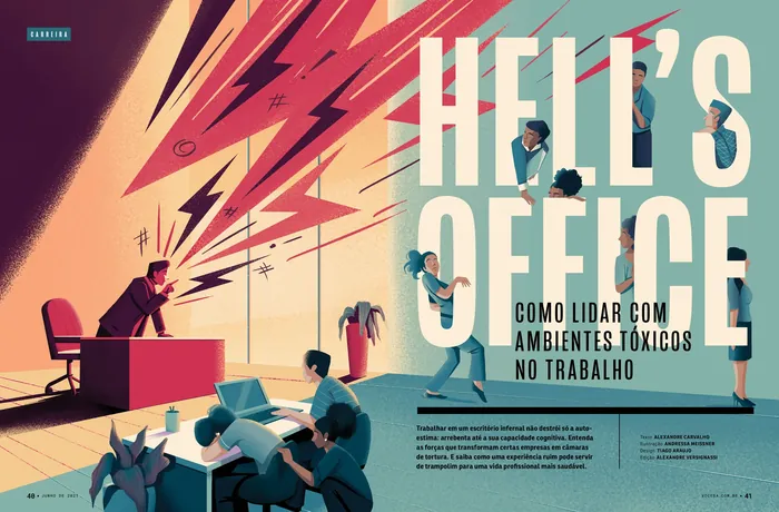 Tense office scene with stressed workers and harsh lighting by Andressa Meissner