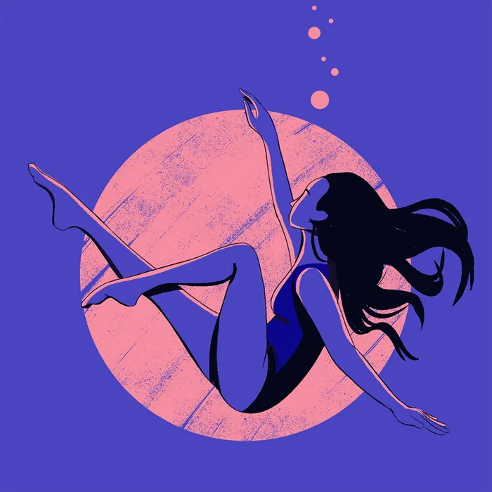 Silhouette of woman floating with textured circle background by Andressa Meissner