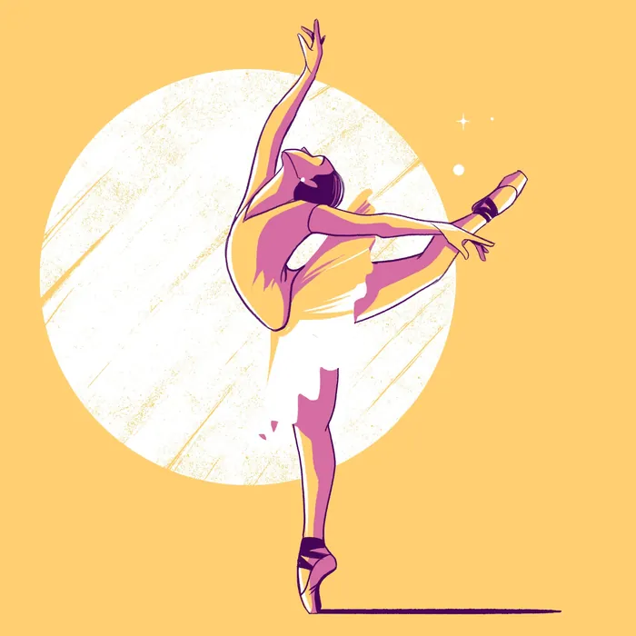 Ballet dancer in arabesque pose with glowing moon background by Andressa Meissner