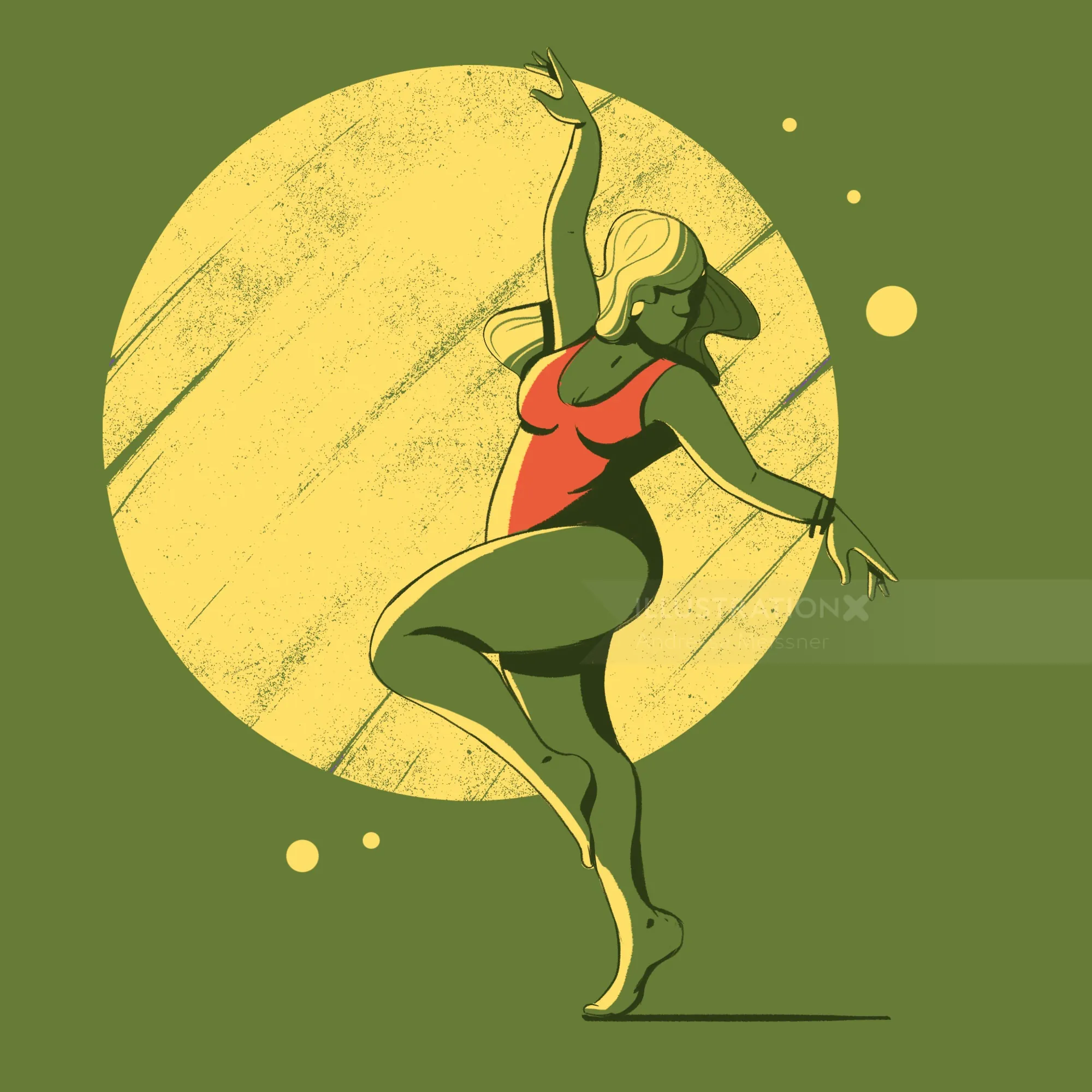 Stylized woman dancing in red bodysuit by Andressa Meissner