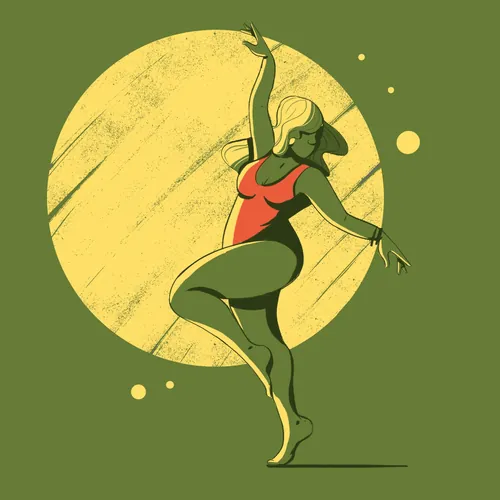 Stylized woman dancing in red bodysuit by Andressa Meissner
