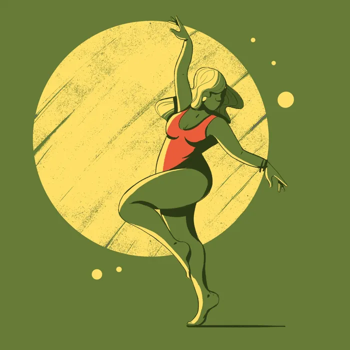 Stylized woman dancing in red bodysuit by Andressa Meissner