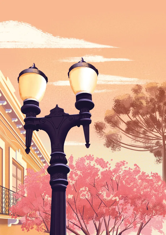 Illustration of Curitiba street lamp with pink trees by Andressa Meissner