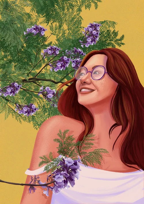 Smiling woman with glasses and purple flowers by Andressa Meissner