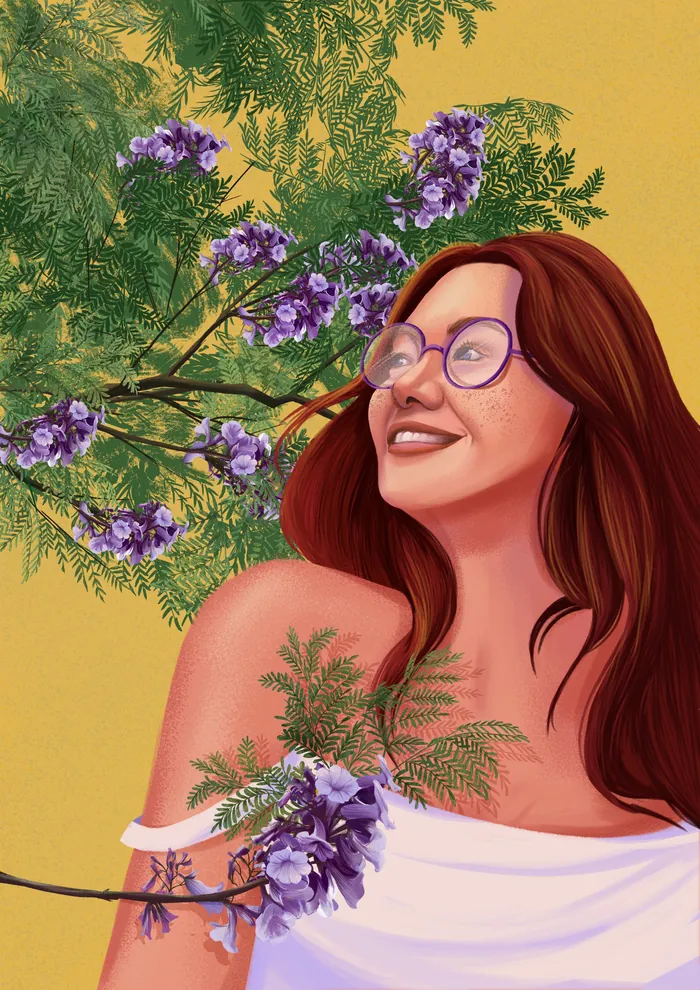 Smiling woman with glasses and purple flowers by Andressa Meissner
