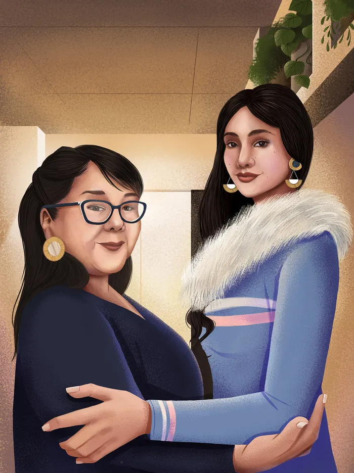Portrait of Kayuula Novalinga and Shina Novalinga embracing, Inuit culture