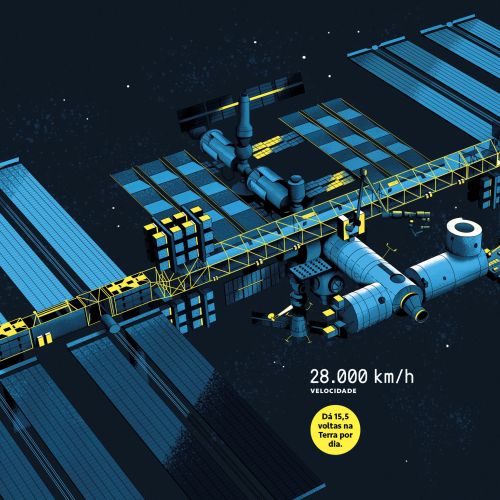 Digital illustration of the International Space Station with technical data by Andressa Meissner