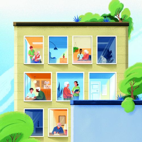 Illustration of a building with people in different rooms by Andressa Meissner