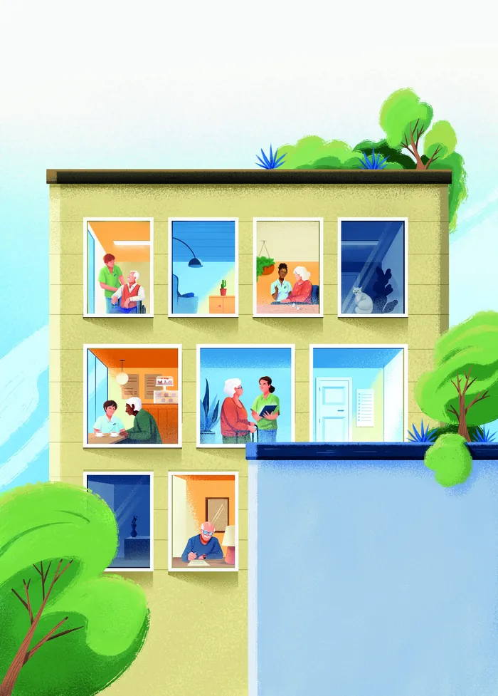 Illustration of a building with people in different rooms by Andressa Meissner