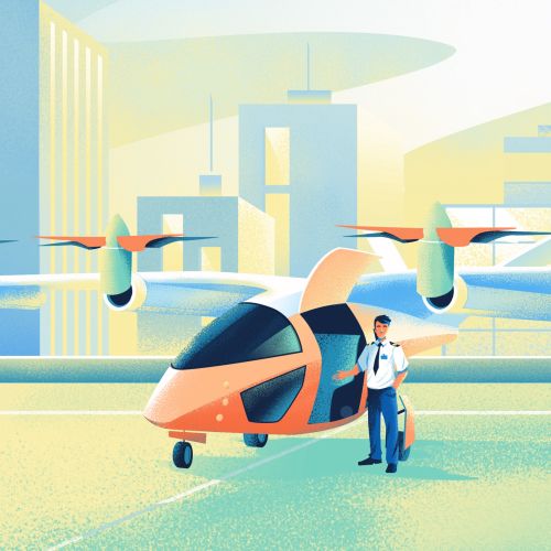 Futuristic urban air taxi with passengers near cityscape by Andressa Meissner