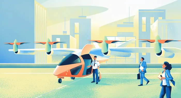 Futuristic urban air taxi with passengers near cityscape by Andressa Meissner