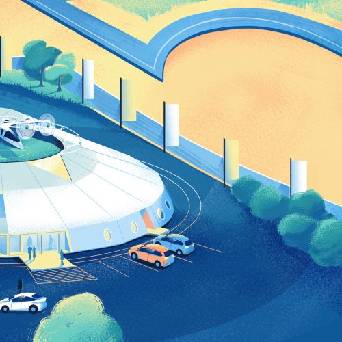 Circular helicopter landing pad with cars nearby, artwork by Andressa Meissner