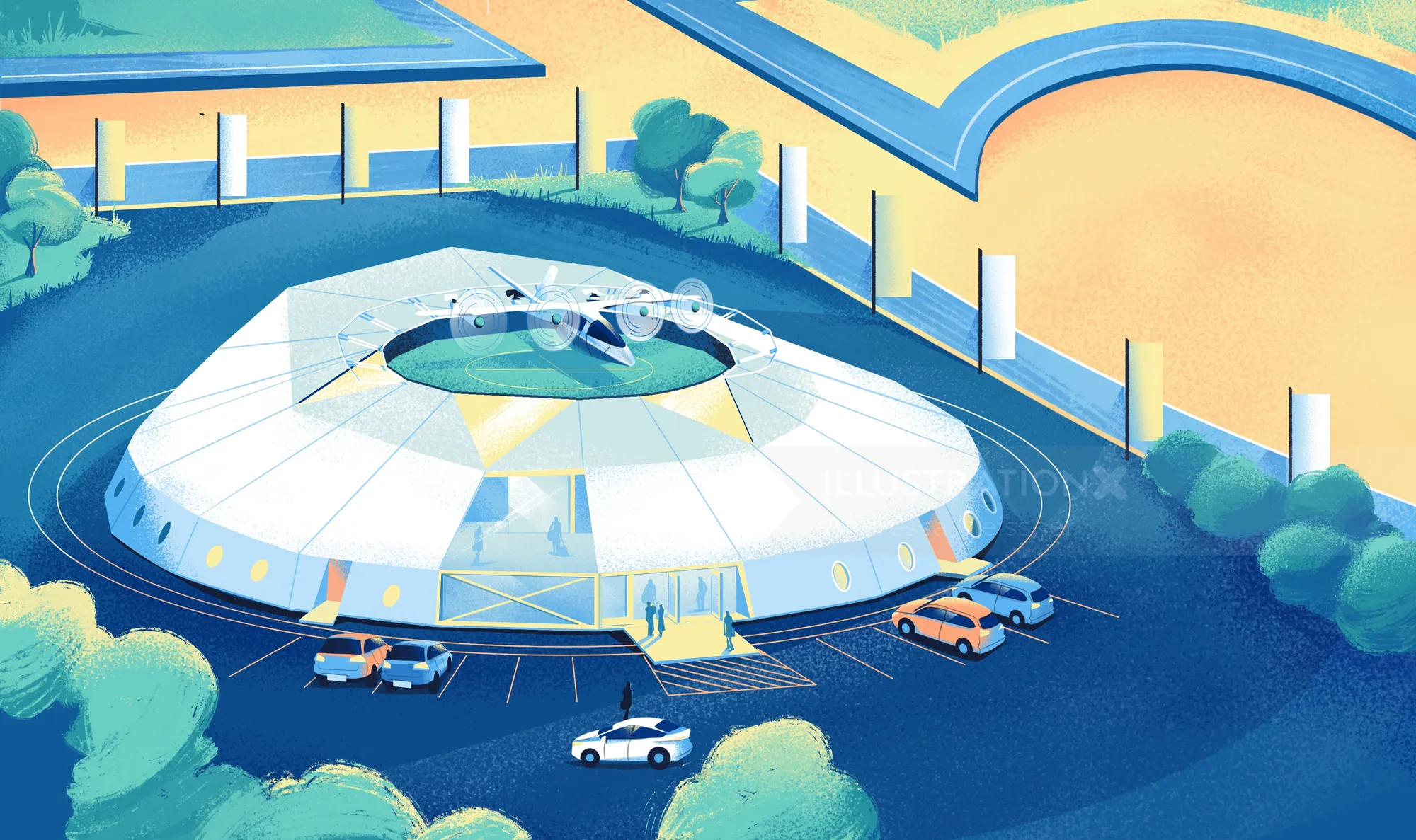 Circular helicopter landing pad with cars nearby, artwork by Andressa Meissner