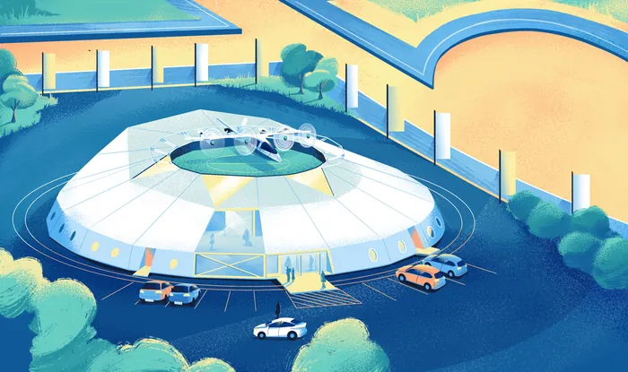 Circular helicopter landing pad with cars nearby, artwork by Andressa Meissner