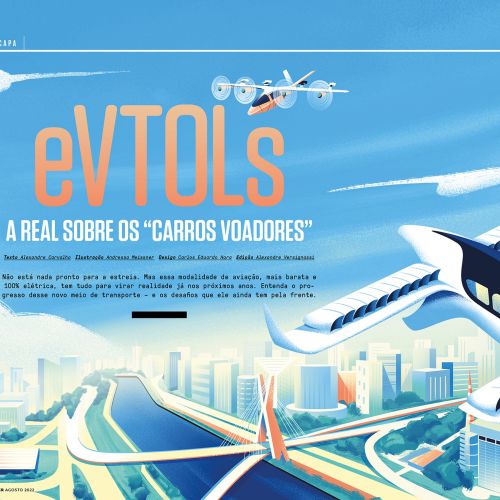 eVTOL flying cars over a cityscape, futuristic urban air mobility illustrated by Andressa Meissner
