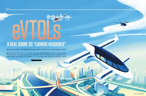 eVTOL flying cars over a cityscape, futuristic urban air mobility illustrated by Andressa Meissner