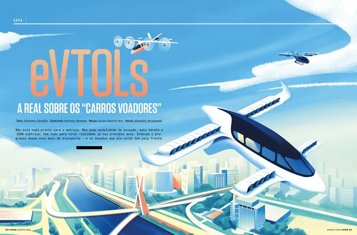 eVTOL flying cars over a cityscape, futuristic urban air mobility illustrated by Andressa Meissner
