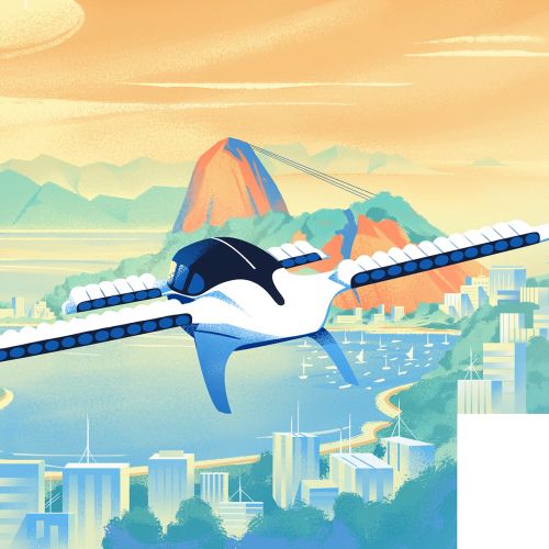 Futuristic electric airplane flying over coastal city at sunset by Andressa Meissner