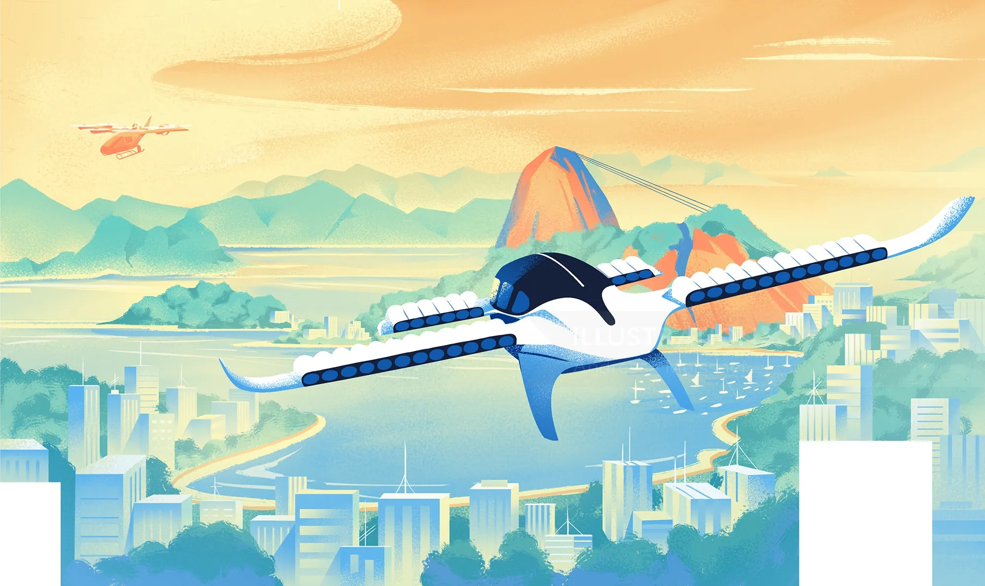 Futuristic electric airplane flying over coastal city at sunset by Andressa Meissner