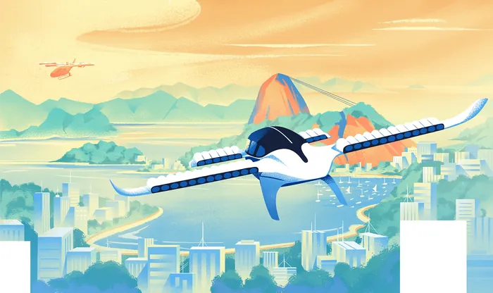 Futuristic electric airplane flying over coastal city at sunset by Andressa Meissner