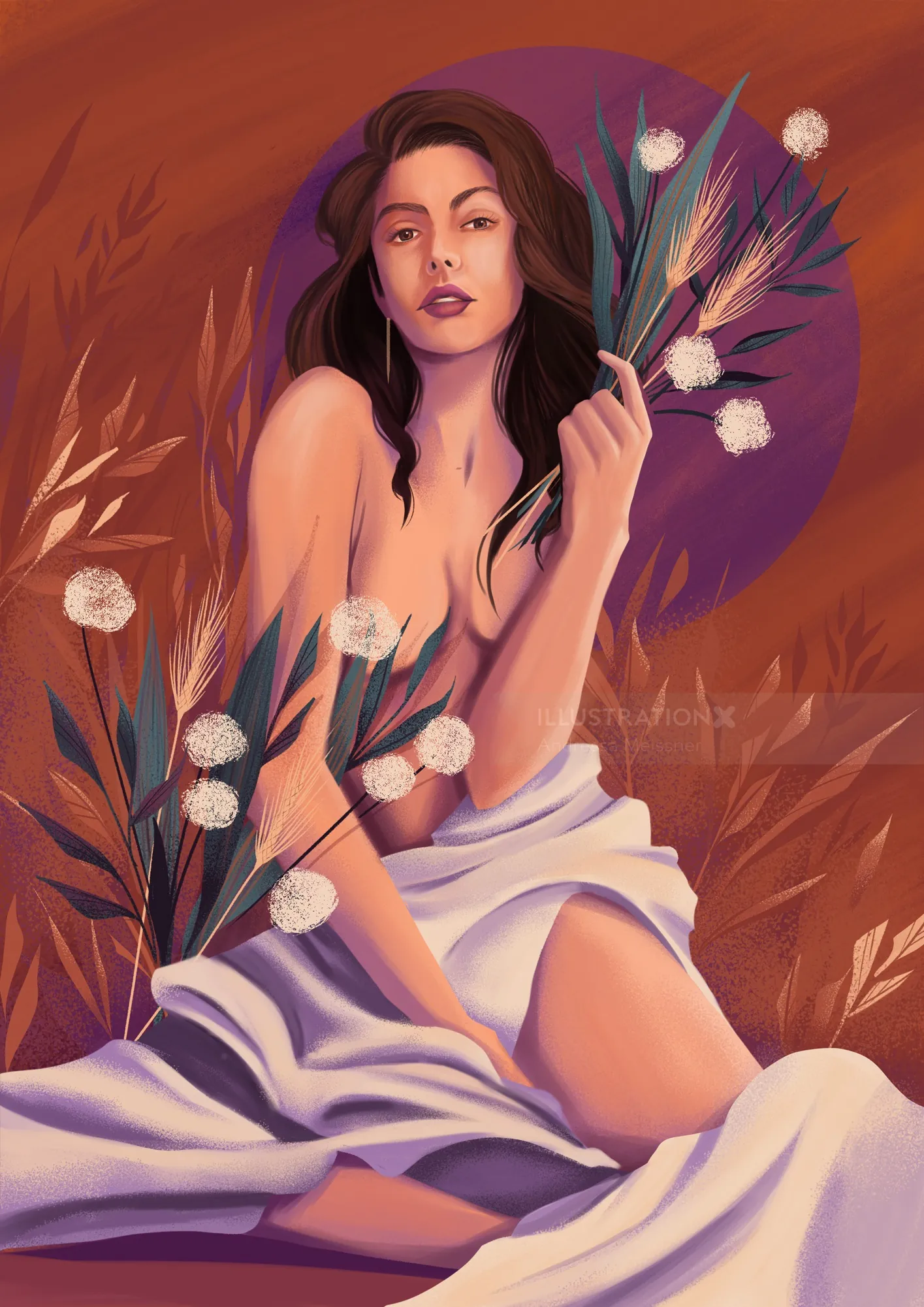 Digital portrait of a woman holding cotton flowers by Andressa Meissner