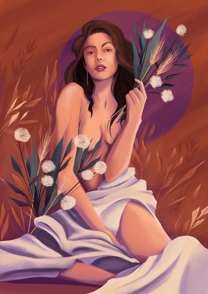Digital portrait of a woman holding cotton flowers by Andressa Meissner