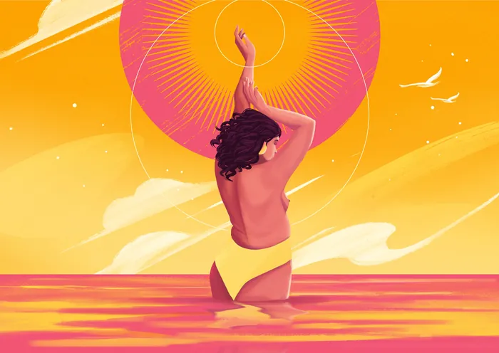 Woman in yellow swimsuit reaching towards radiant sun over orange water by Andressa Meissner