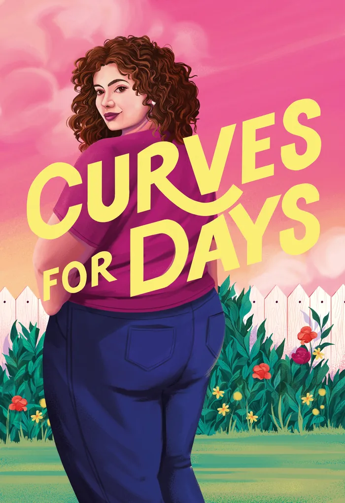 Illustration of a plus-size woman with curly hair in front of a garden by Andressa Meissner