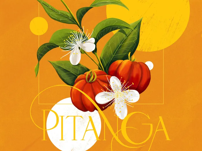 Illustration of pitanga fruits and flowers with leaves by Andressa Meissner