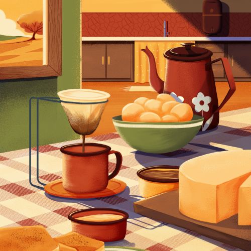 Rustic kitchen table with coffee pot, bread, and bowl of rolls by Andressa Meissner