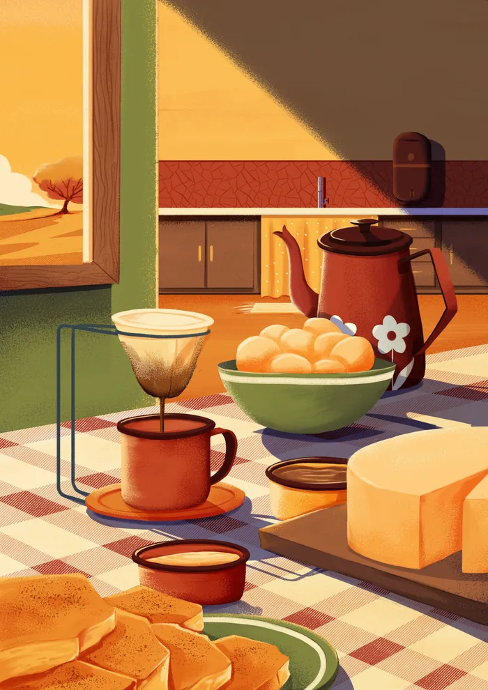 Rustic kitchen table with coffee pot, bread, and bowl of rolls by Andressa Meissner