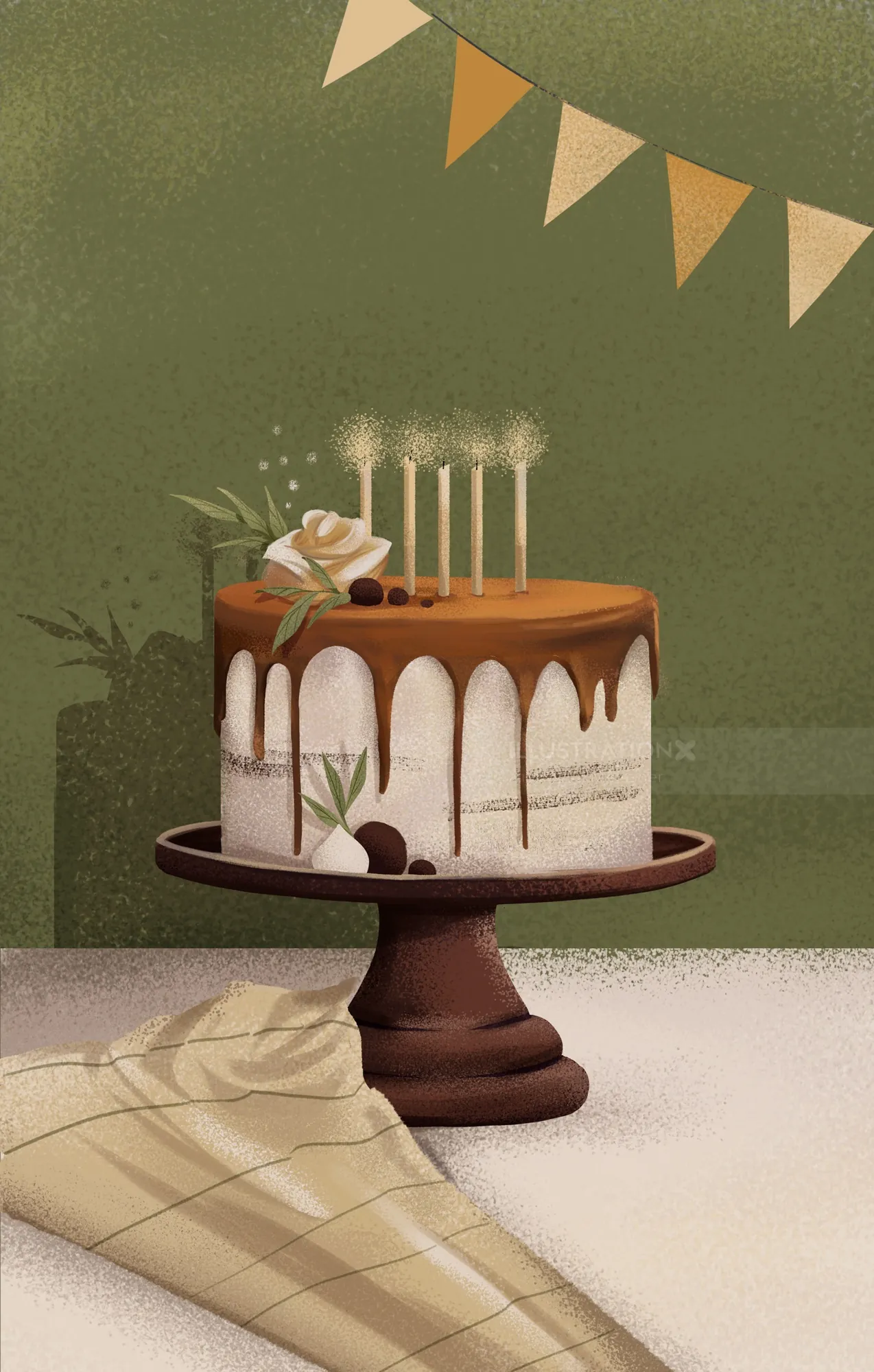 Chocolate drip birthday cake with roses and candles by Andressa Meissner