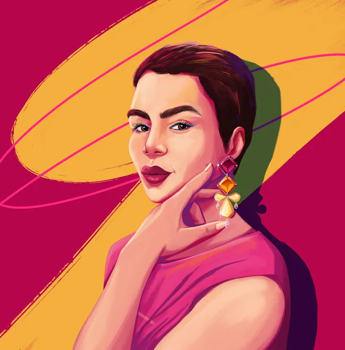 Digital portrait of woman with short hair and colorful earrings by Andressa Meissner