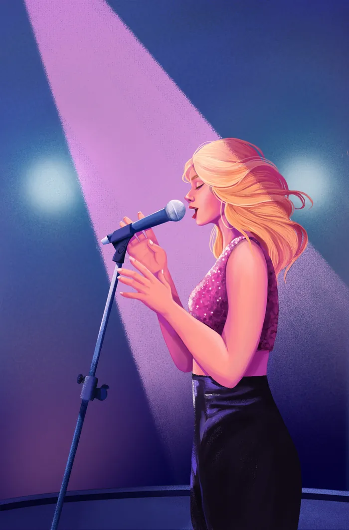 Illustration of a female singer performing on stage by Andressa Meissner