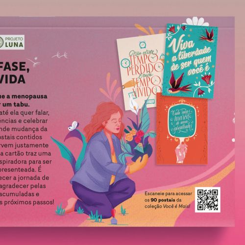 Illustration of a woman meditating surrounded by menopause awareness posters by Andressa Meissner