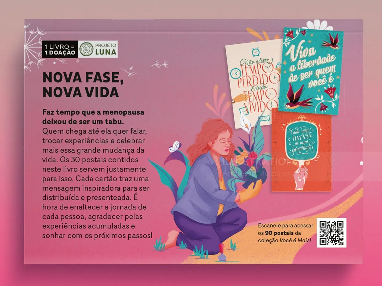 Illustration of a woman meditating surrounded by menopause awareness posters by Andressa Meissner