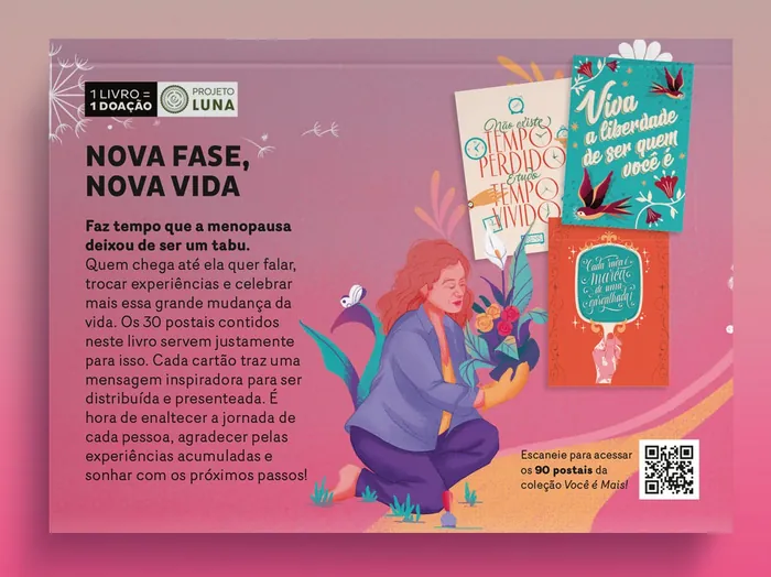 Illustration of a woman meditating surrounded by menopause awareness posters by Andressa Meissner