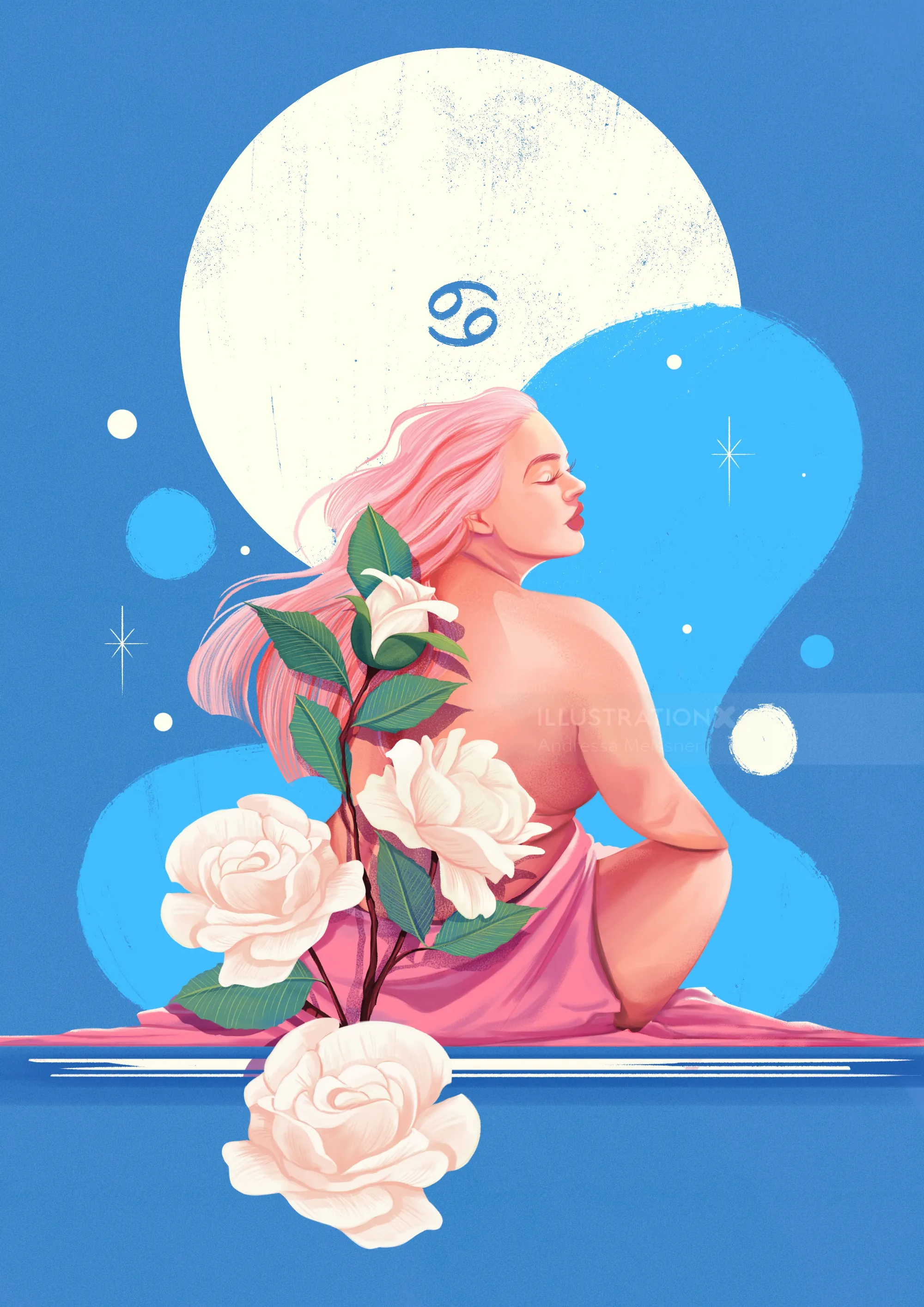 Woman with Cancer zodiac sign and white flowers by Andressa Meissner
