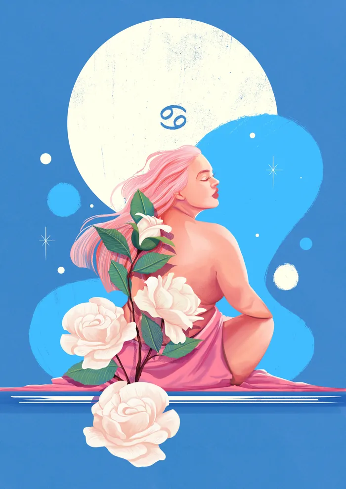 Woman with Cancer zodiac sign and white flowers by Andressa Meissner
